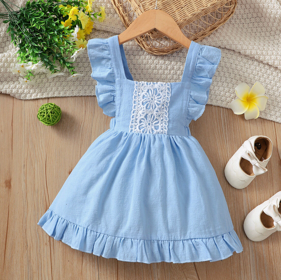 Girls Blue And Lace Detailed Ruffle Dress